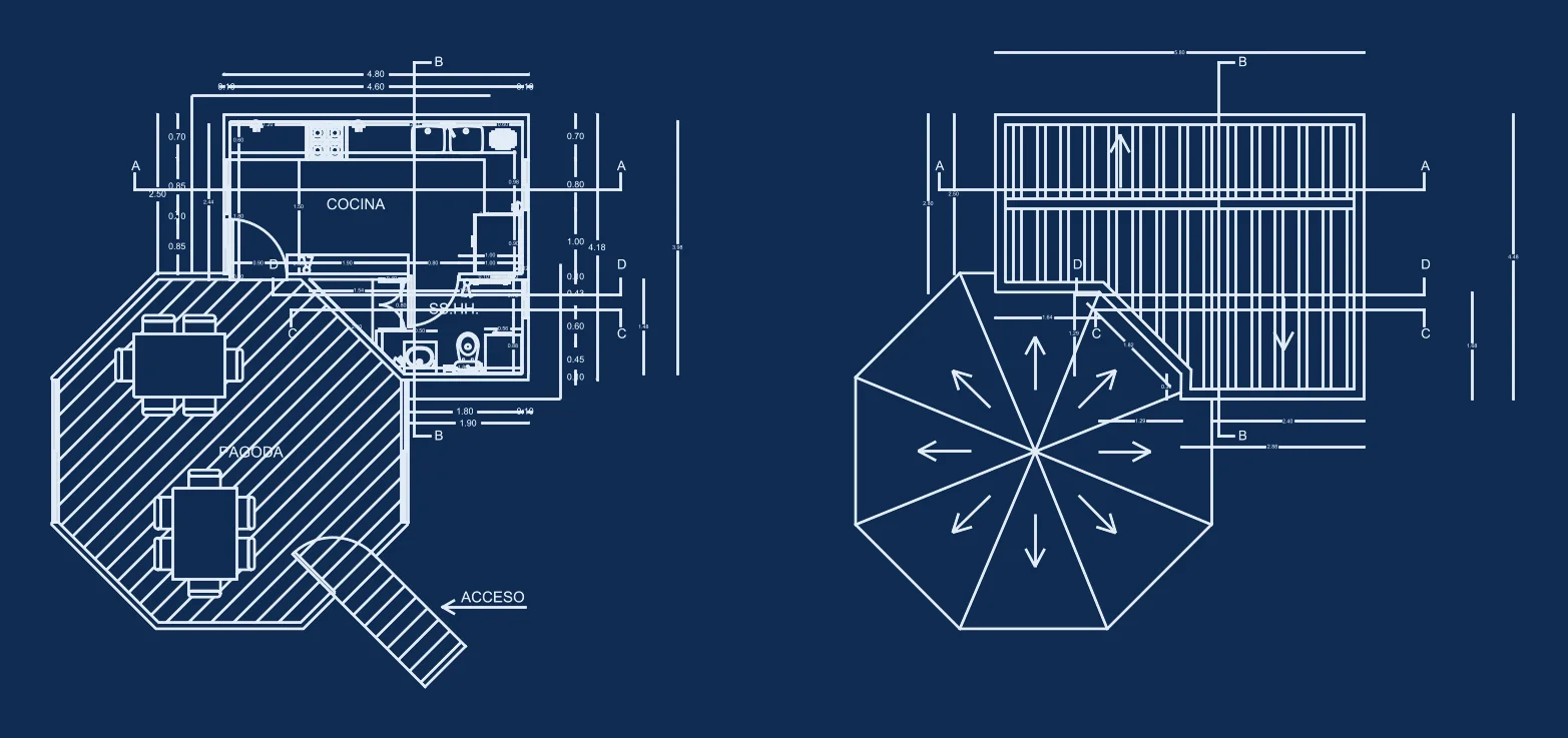 Plano de quincho: planta con cocina, baño y pagoda octogonal con acceso, y planta de cubierta